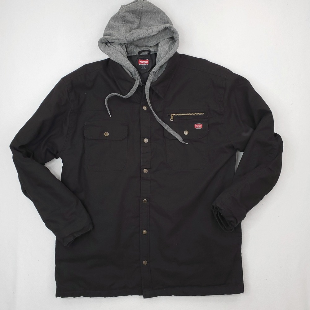 Wrangler Jacket Mens XXL Black Hood Quilted Canvas Field Utility Chore Barn Coat